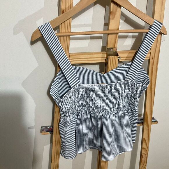 Monteau Los Angeles, navy blue and white striped peplum top, size large - Picture 2 of 7